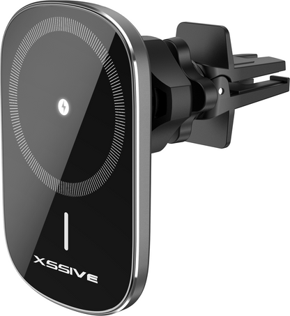 Magnetische telefoonhouder met draadloze oplader geïntegreerd.